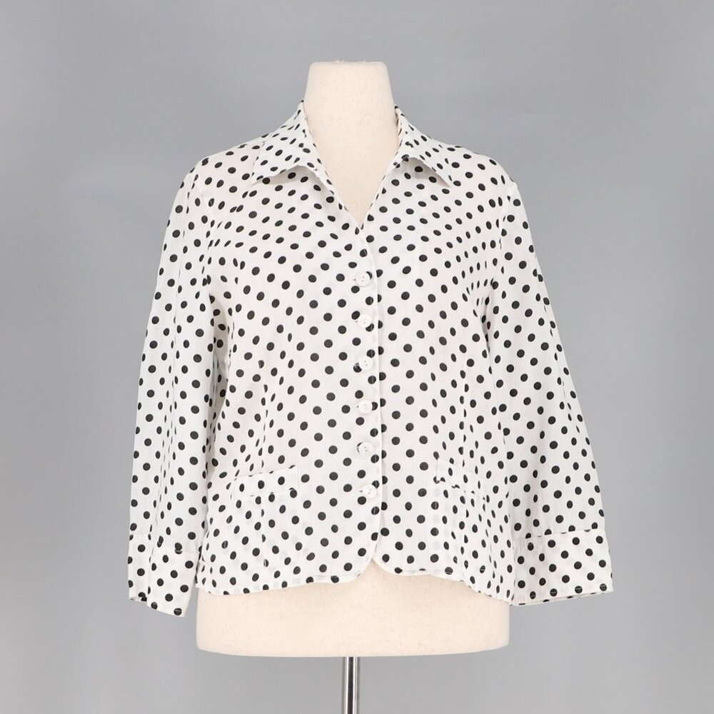TALBOTS 100% Linen Polka Dot Button Front Blazer Jacket Black/White Size 14